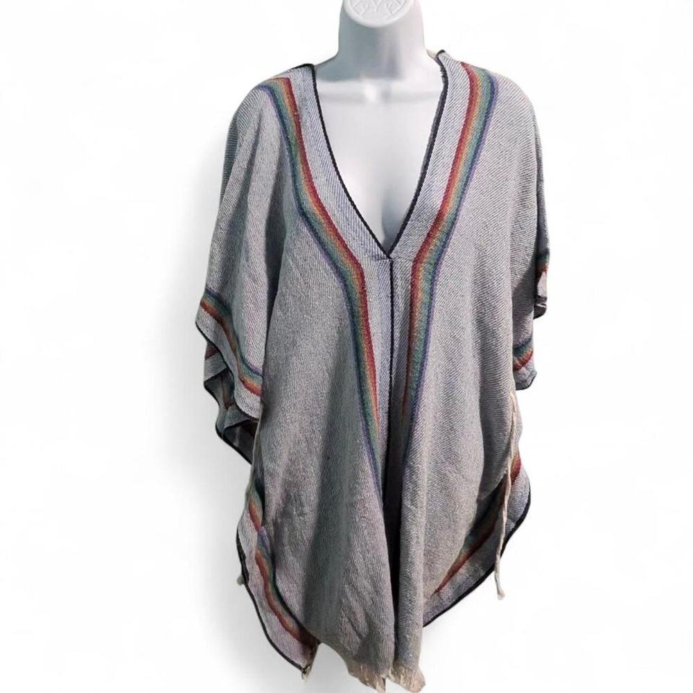 Quiut Quilted Rainbow Woven Poncho with Tie Waist - Boho New, Never Worn